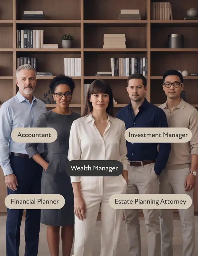 Five diverse financial professionals standing in front of wooden bookshelves, labeled as Estate Planning Attorney, CPA, Wealth Manager, Portfolio Manager and Financial Planner. Human images in this ad were created using AI.
