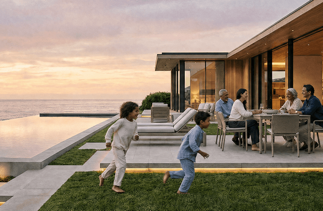 Modern luxury beachfront property at sunset with children running in the grass. Human images in this ad were created using AI.