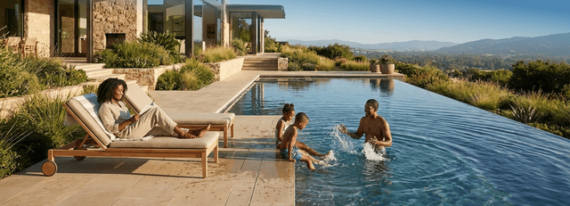 Family relaxing by an infinity pool at a modern luxury home overlooking hills. Human images in this ad were created using AI.