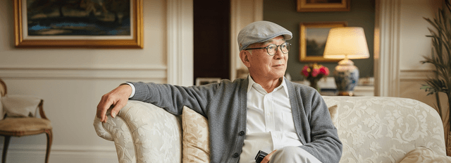 Mature man in glasses seated indoors, appearing thoughtful and confident. Human image in this ad was created using AI.